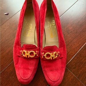 Salvatore Ferragamo Red Suede Loafers with Gold Accent